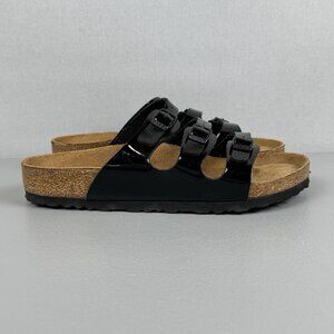 Birkenstock Florida Sandals Women 38 US 7 Black Patent Birko Flor 3 Strap Slides
